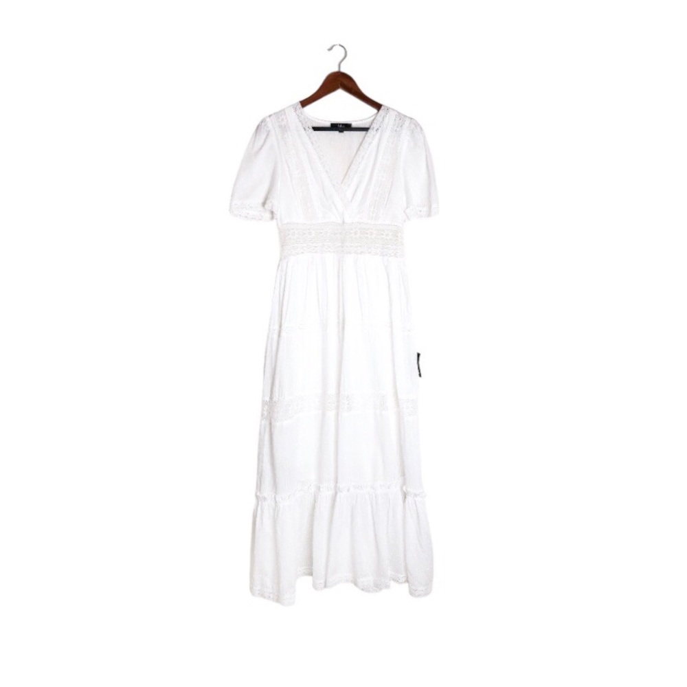 Lulu's Folklore White Swiss Dot Lace Short Sleeve Tiered Midi Dress NWT - Picture 4 of 9